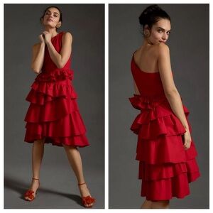 Anthropologie One Shoulder Tiered
Ruffle Midi Dress Red